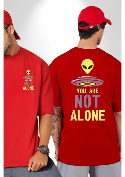 Uzaylı Yalnız Değiliz Ufo Cep Sırt Baskılı Pamuklu Penye Kadın Erkek Kırmızı Tişört