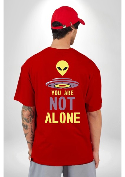 Uzaylı Yalnız Değiliz Ufo Cep Sırt Baskılı Pamuklu Penye Kadın Erkek Kırmızı Tişört modelleri