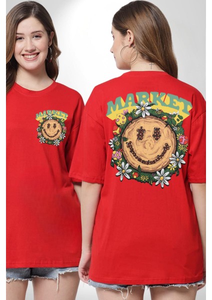 Gülen Market Ağaç Çiçek Mantar Cep Sırt Baskılı Pamuklu Penye Kadın Erkek Kırmızı Tişört