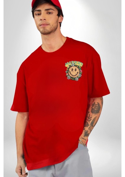 Gülen Market Ağaç Çiçek Mantar Cep Sırt Baskılı Pamuklu Penye Kadın Erkek Kırmızı Tişört fiyatları