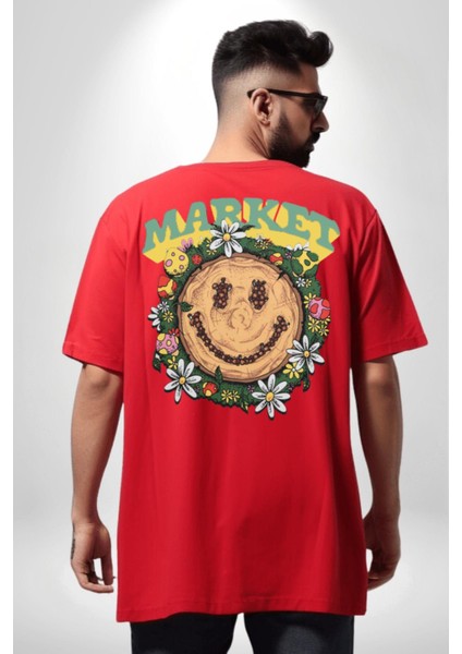 Gülen Market Ağaç Çiçek Mantar Cep Sırt Baskılı Pamuklu Penye Kadın Erkek Kırmızı Tişört modelleri