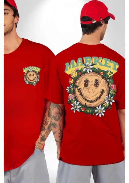 Gülen Market Ağaç Çiçek Mantar Cep Sırt Baskılı Pamuklu Penye Kadın Erkek Kırmızı Tişört fırsatları