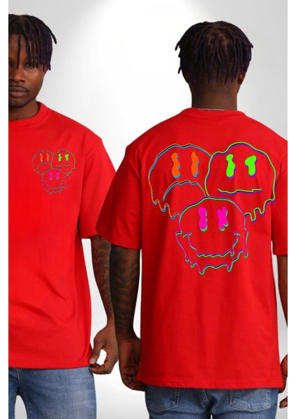 Neon Kafatası Gülen Somurtgan Eriyen Emoji Cep Sırt Baskılı Pamuklu Penye Kadın Erkek Kırmızı Tişört