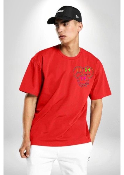 Neon Kafatası Gülen Somurtgan Eriyen Emoji Cep Sırt Baskılı Pamuklu Penye Kadın Erkek Kırmızı Tişört fiyatları