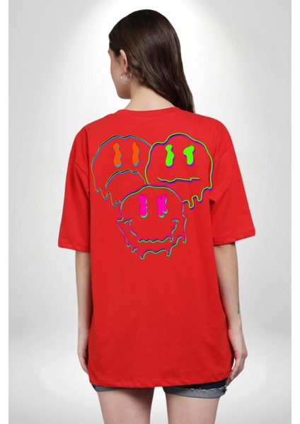 Neon Kafatası Gülen Somurtgan Eriyen Emoji Cep Sırt Baskılı Pamuklu Penye Kadın Erkek Kırmızı Tişört modelleri
