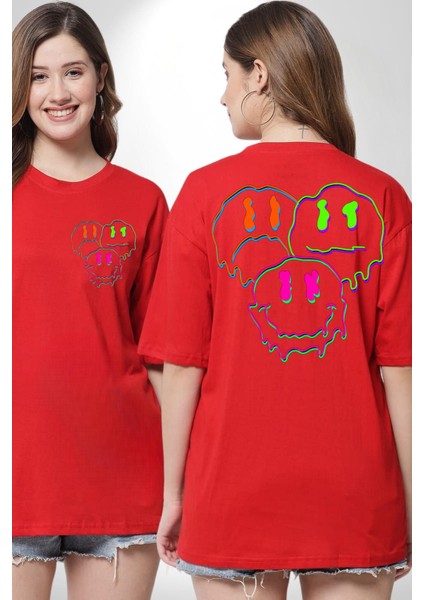 Neon Kafatası Gülen Somurtgan Eriyen Emoji Cep Sırt Baskılı Pamuklu Penye Kadın Erkek Kırmızı Tişört fırsatları
