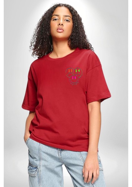 Neon Kafatası Gülen Somurtgan Eriyen Emoji Cep Sırt Baskılı Pamuklu Penye Kadın Erkek Kırmızı Tişört indirimleri