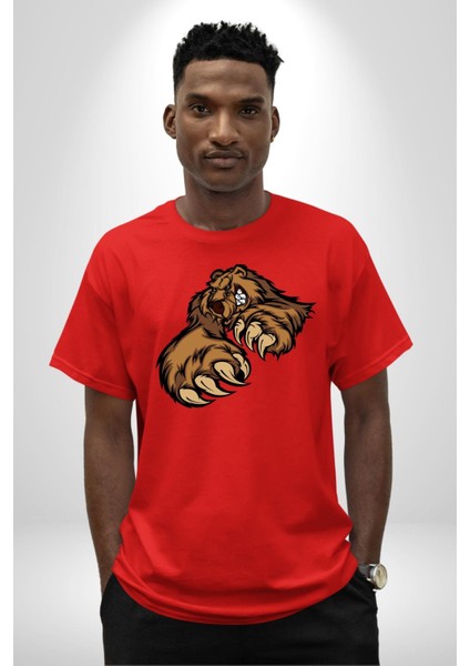 Öfkeli Ayı Pençesi - Güç ve Yırtıcılık Teması Grafik Baskılı Pamuklu Penye Kadın Erkek Kırmızı Tişört