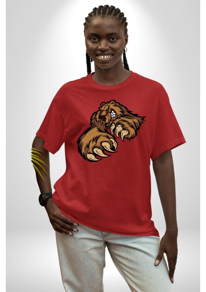 Öfkeli Ayı Pençesi - Güç ve Yırtıcılık Teması Grafik Baskılı Pamuklu Penye Kadın Erkek Kırmızı Tişört fiyatları