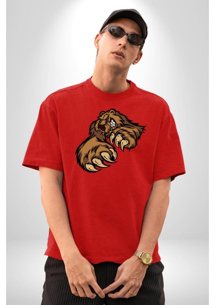 Öfkeli Ayı Pençesi - Güç ve Yırtıcılık Teması Grafik Baskılı Pamuklu Penye Kadın Erkek Kırmızı Tişört fırsatları