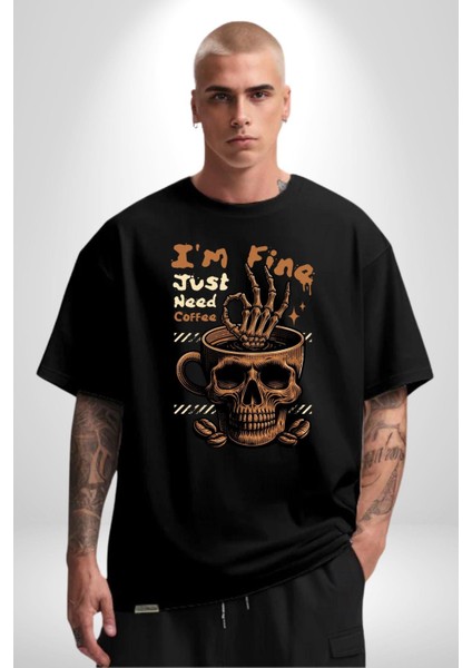 Iskelet Kupa Sadece Iyi Kahveye Ihtiyacım Var Grafik Baskılı Pamuklu Penye Kadın Erkek Siyah Tişört modelleri