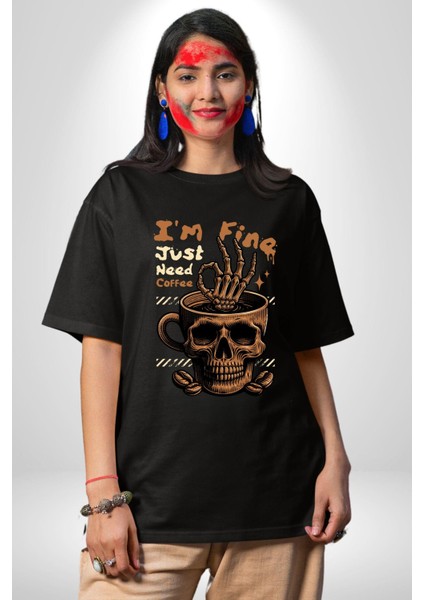 Iskelet Kupa Sadece Iyi Kahveye Ihtiyacım Var Grafik Baskılı Pamuklu Penye Kadın Erkek Siyah Tişört fırsatları