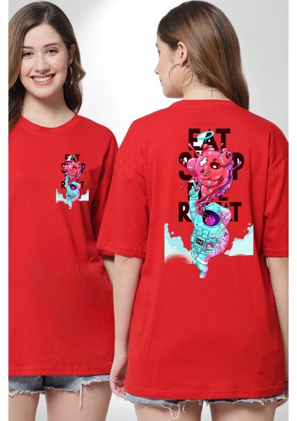 Space Party Astronaut Absürt Neon Renkli Uzay Cep Sırt Baskılı Pamuklu Penye Kadın Erkek Kırmızı Tişört