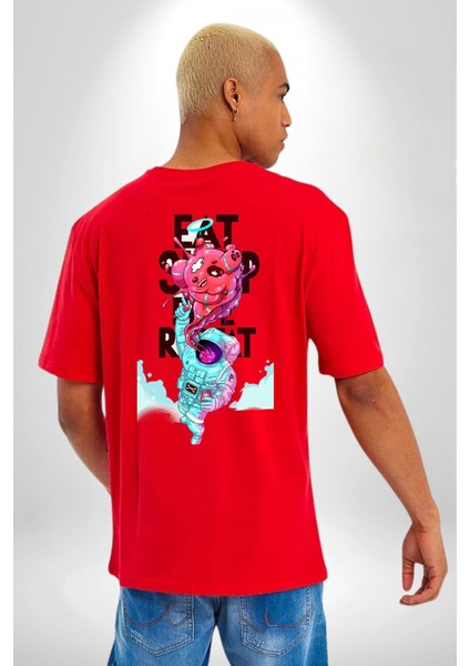 Space Party Astronaut Absürt Neon Renkli Uzay Cep Sırt Baskılı Pamuklu Penye Kadın Erkek Kırmızı Tişört modelleri