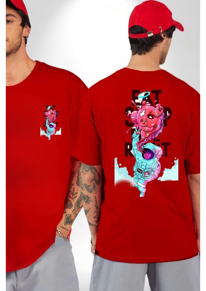 Space Party Astronaut Absürt Neon Renkli Uzay Cep Sırt Baskılı Pamuklu Penye Kadın Erkek Kırmızı Tişört fırsatları