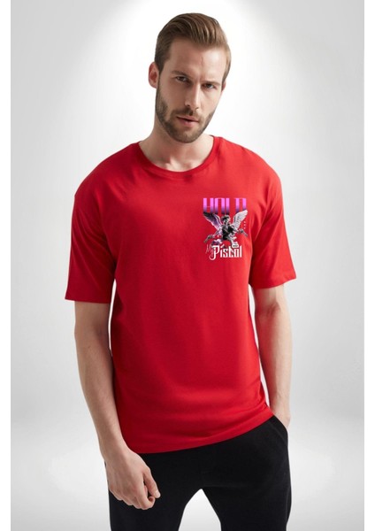 Sokak Stili Katil Aşk Meleği Minimal Cep Baskılı Pamuklu Penye Kadın Erkek Kırmızı Tişört