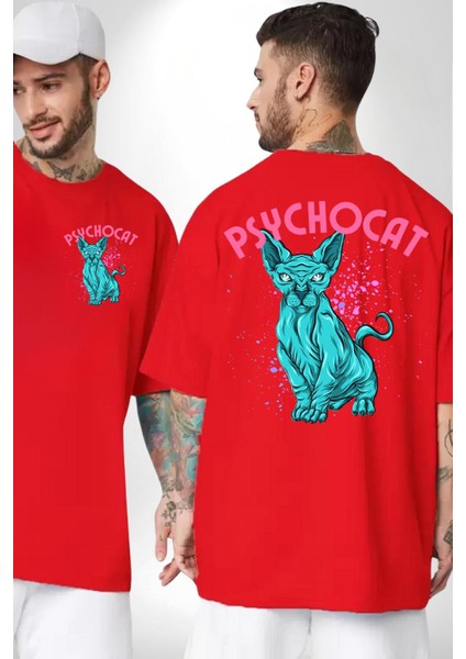 Mavi Uzaylı Sinirli Sfenks Kedisi Cep Sırt Baskılı Pamuklu Penye Kadın Erkek Kırmızı Tişört