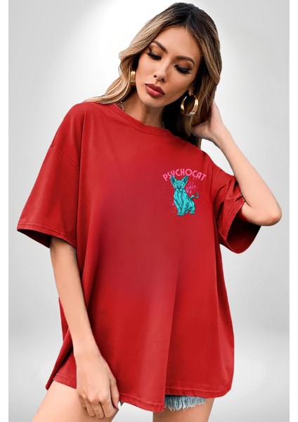 Mavi Uzaylı Sinirli Sfenks Kedisi Cep Sırt Baskılı Pamuklu Penye Kadın Erkek Kırmızı Tişört fiyatları