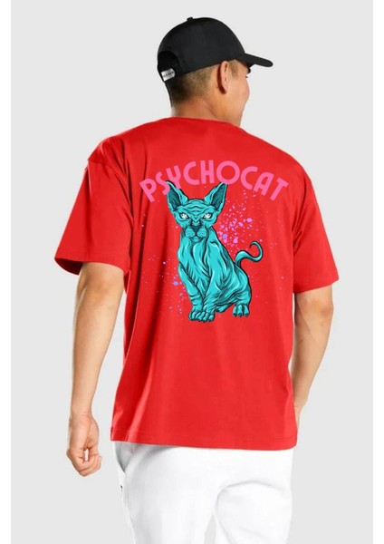 Mavi Uzaylı Sinirli Sfenks Kedisi Cep Sırt Baskılı Pamuklu Penye Kadın Erkek Kırmızı Tişört modelleri