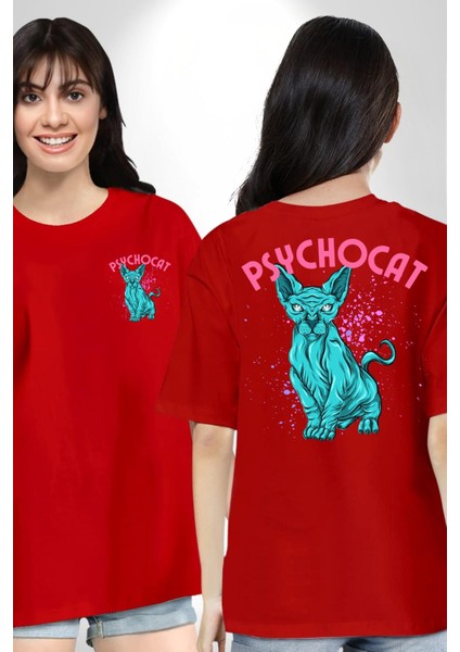 Mavi Uzaylı Sinirli Sfenks Kedisi Cep Sırt Baskılı Pamuklu Penye Kadın Erkek Kırmızı Tişört fırsatları