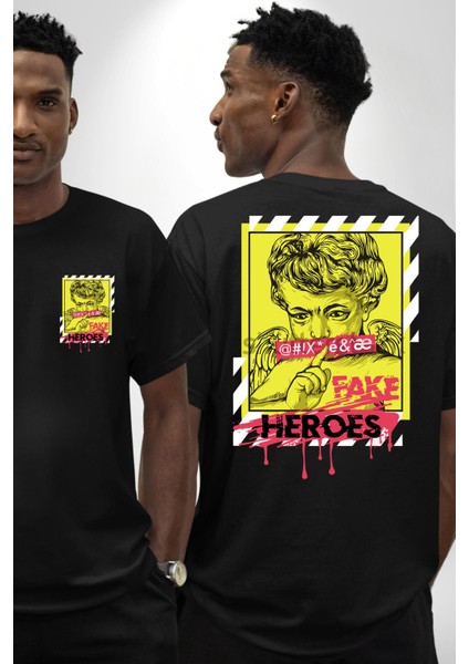 Aşk Meleği Sahte Melek Sus Cep Sırt Baskılı Pamuklu Penye Kadın Erkek Siyah Tişört