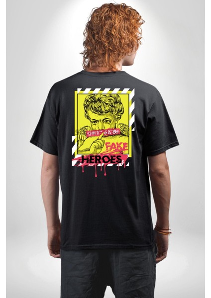 Aşk Meleği Sahte Melek Sus Cep Sırt Baskılı Pamuklu Penye Kadın Erkek Siyah Tişört fiyatları