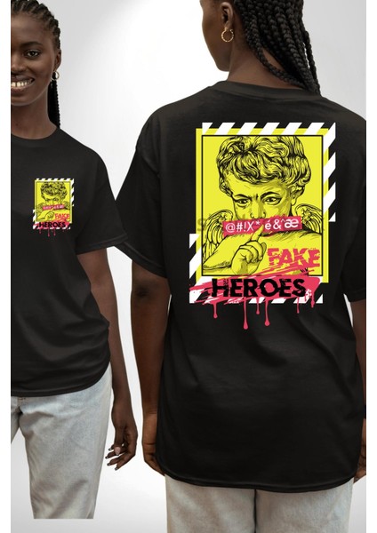 Aşk Meleği Sahte Melek Sus Cep Sırt Baskılı Pamuklu Penye Kadın Erkek Siyah Tişört fırsatları