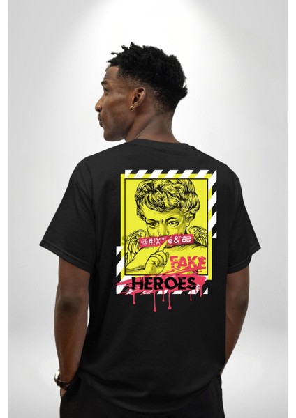 Aşk Meleği Sahte Melek Sus Cep Sırt Baskılı Pamuklu Penye Kadın Erkek Siyah Tişört indirimleri