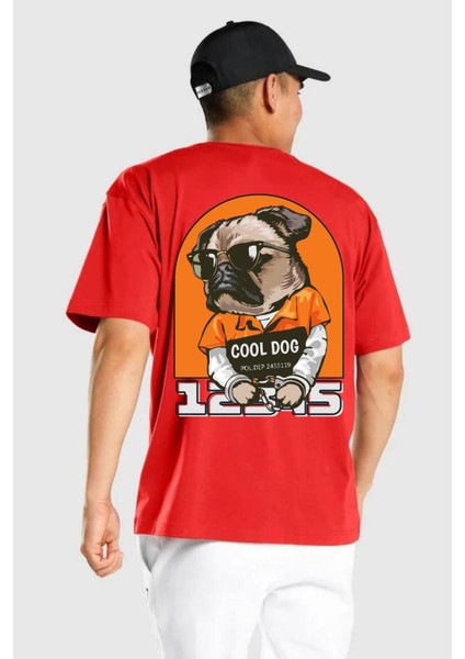 Cool Köpek Hapishane Güneş Gözlük Cep Sırt Baskılı Pamuklu Penye Kadın Erkek Kırmızı Tişört