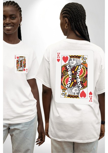 King Of Hearts Klasik Iskambil Kartı Grafiği Cep Sırt Baskılı Pamuklu Penye Kadın Erkek Beyaz Tişört