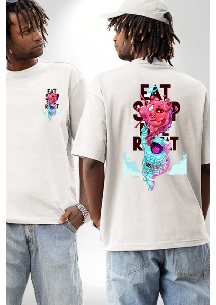 Space Party Astronaut Absürt Neon Renkli Uzay Cep Sırt Baskılı Pamuklu Penye Kadın Erkek Beyaz Tişört