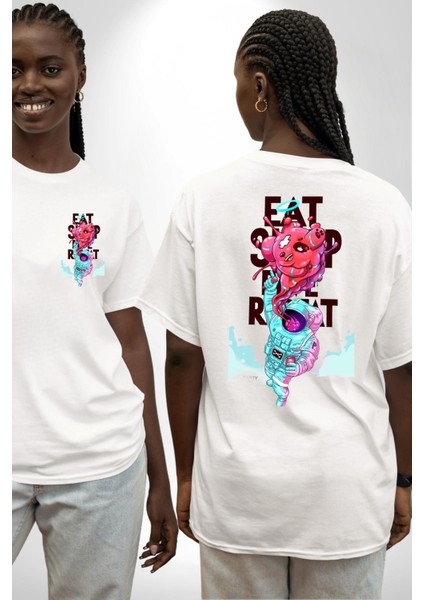 Space Party Astronaut Absürt Neon Renkli Uzay Cep Sırt Baskılı Pamuklu Penye Kadın Erkek Beyaz Tişört fırsatları