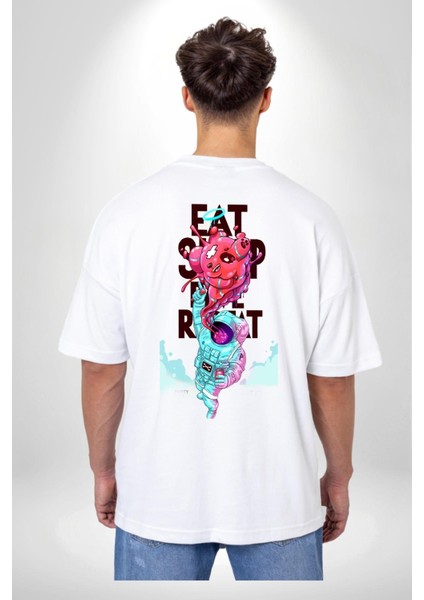 Space Party Astronaut Absürt Neon Renkli Uzay Cep Sırt Baskılı Pamuklu Penye Kadın Erkek Beyaz Tişört indirimleri