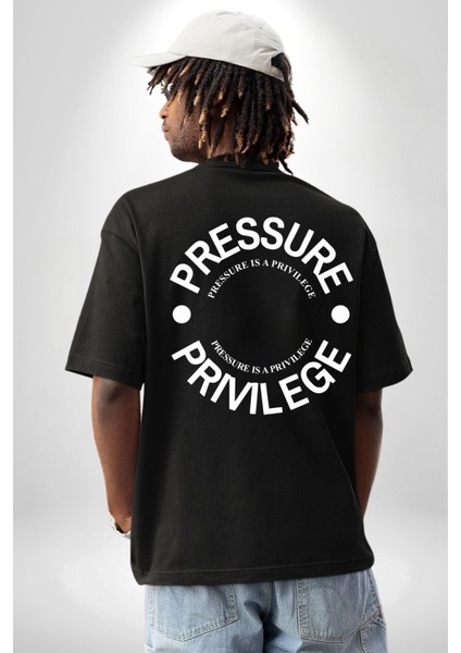 R367 - Pressure Is A Privilege Sırt Baskılı Pamuklu Penye Kadın Erkek Siyah Tişört fiyatları