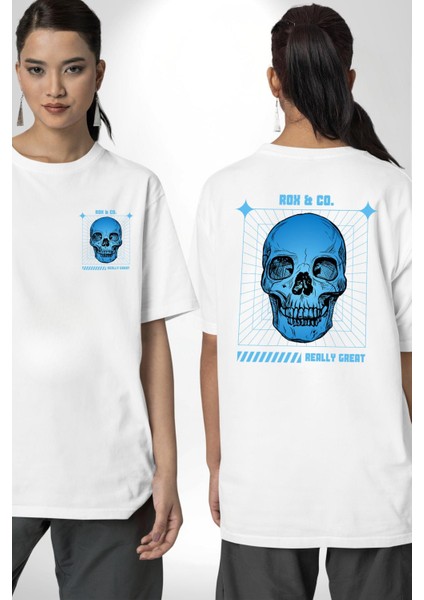 Sokak Sitili Kurukafa Cep Sırt Baskılı Pamuklu Penye Kadın Erkek Beyaz Tişört