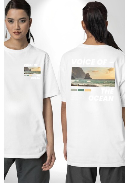 Okyanusun Sesi Cep Sırt Baskılı Pamuklu Penye Kadın Erkek Beyaz Tişört