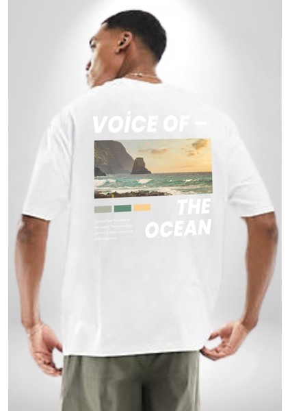 Okyanusun Sesi Cep Sırt Baskılı Pamuklu Penye Kadın Erkek Beyaz Tişört fiyatları