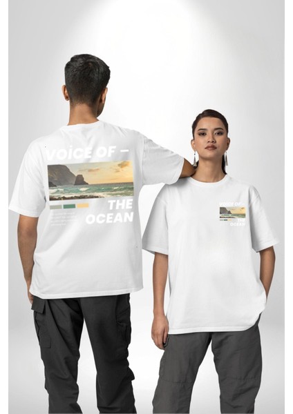 Okyanusun Sesi Cep Sırt Baskılı Pamuklu Penye Kadın Erkek Beyaz Tişört fırsatları