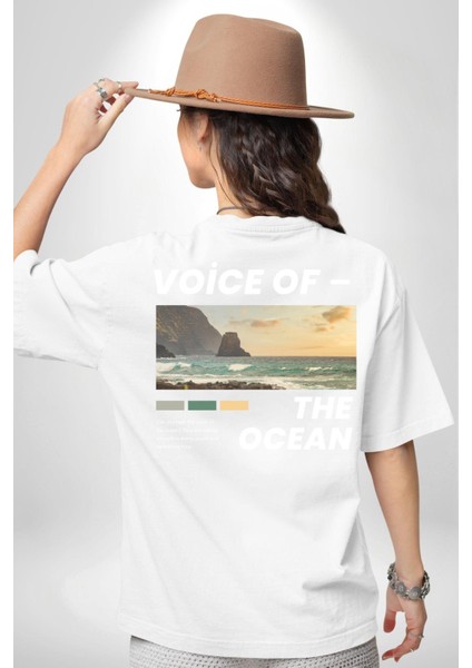 Okyanusun Sesi Cep Sırt Baskılı Pamuklu Penye Kadın Erkek Beyaz Tişört indirimleri