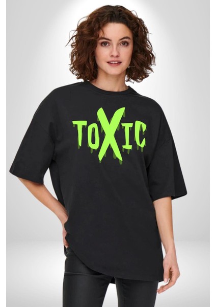 Sokak Sitili Atık Toxic Grafik Baskılı Pamuklu Penye Kadın Erkek Siyah Tişört modelleri