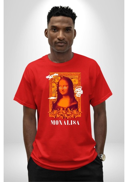 Yeni Nesil Monalisa Grafik Baskılı Pamuklu Penye Kadın Erkek Kırmızı Tişört