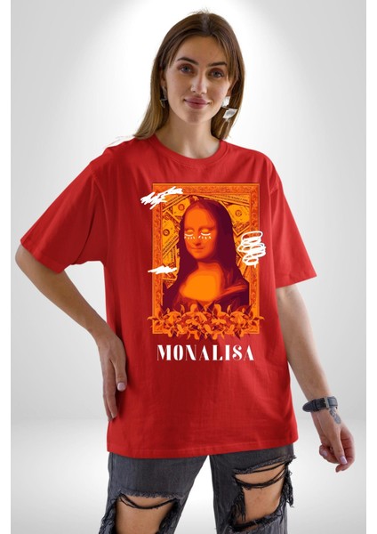 Yeni Nesil Monalisa Grafik Baskılı Pamuklu Penye Kadın Erkek Kırmızı Tişört indirimleri