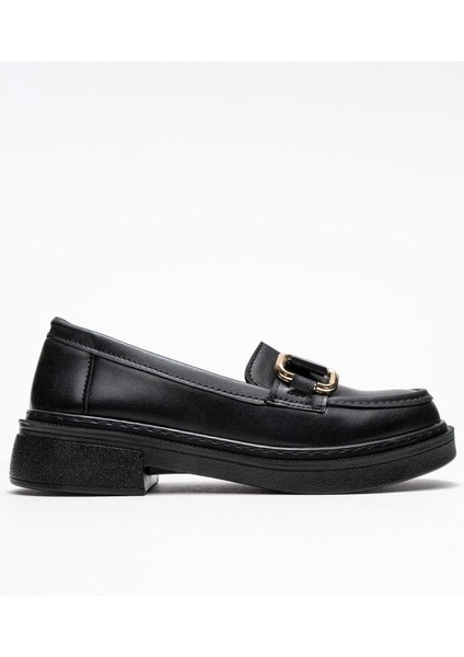 Kadın Kare Tokalı Loafer Ayakkabı SİYAH CİLT fiyatları