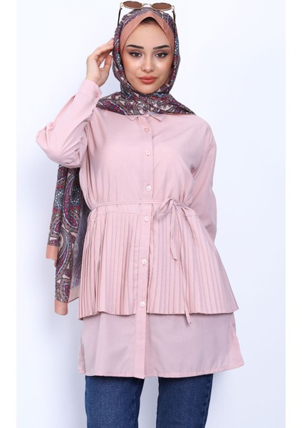 Pudra Yan Bağlamalı Poplin Tunik