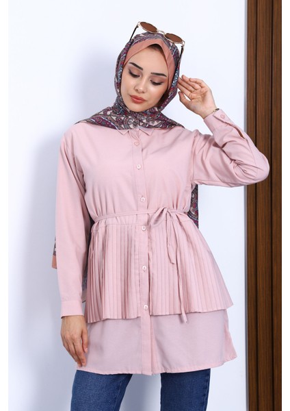 Pudra Yan Bağlamalı Poplin Tunik modelleri