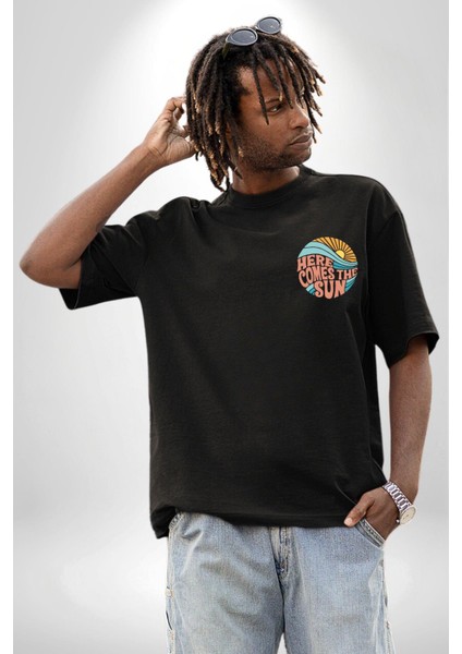 Yaz Tatili Güneş Geldi Tema Minimal Cep Baskılı Pamuklu Penye Kadın Erkek Siyah Tişört