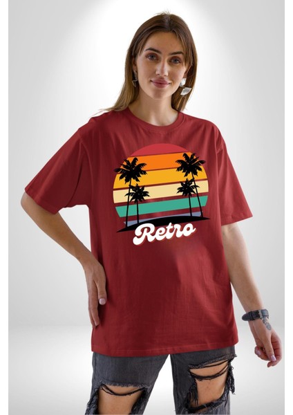 Retro Palmiye Güneş 80 90 Grafik Baskılı Pamuklu Penye Kadın Erkek Kırmızı Tişört