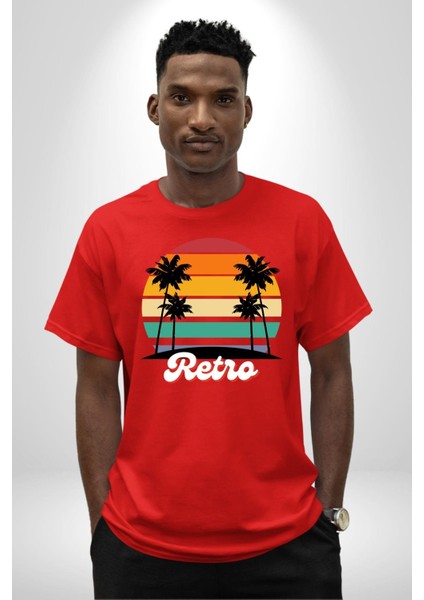 Retro Palmiye Güneş 80 90 Grafik Baskılı Pamuklu Penye Kadın Erkek Kırmızı Tişört fiyatları