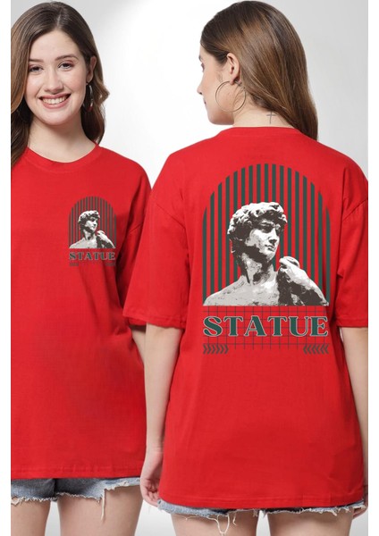 Statü Davut Heykeli Cep Sırt Baskılı Pamuklu Penye Kadın Erkek Kırmızı Tişört