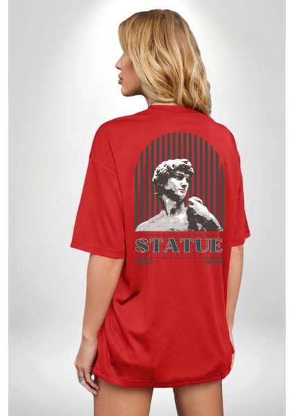 Statü Davut Heykeli Cep Sırt Baskılı Pamuklu Penye Kadın Erkek Kırmızı Tişört modelleri